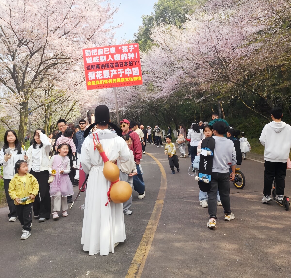 「桜は中国原産」とプラカードで主張、中国ネットでは「桜といえば日本」との認識
